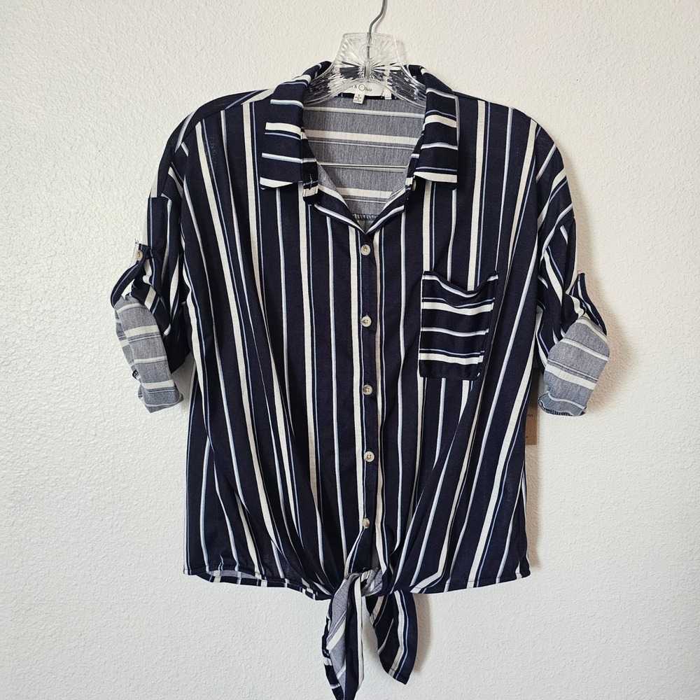Eden & Olivia Navy White Striped Tie Front Button Up Shirt Small NWT
